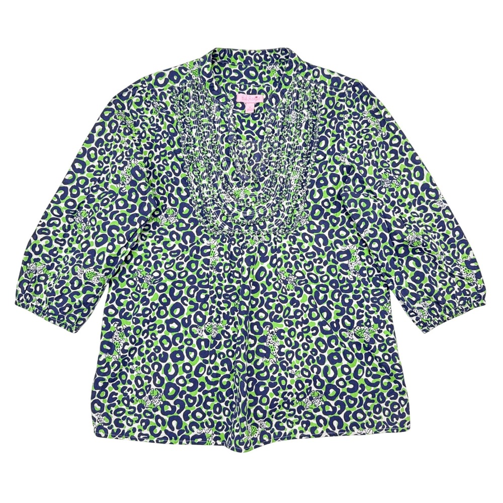 Lilly Pulitzer Top Small Green Blue Leopard Print Ruffle Collar Preppy Vacation